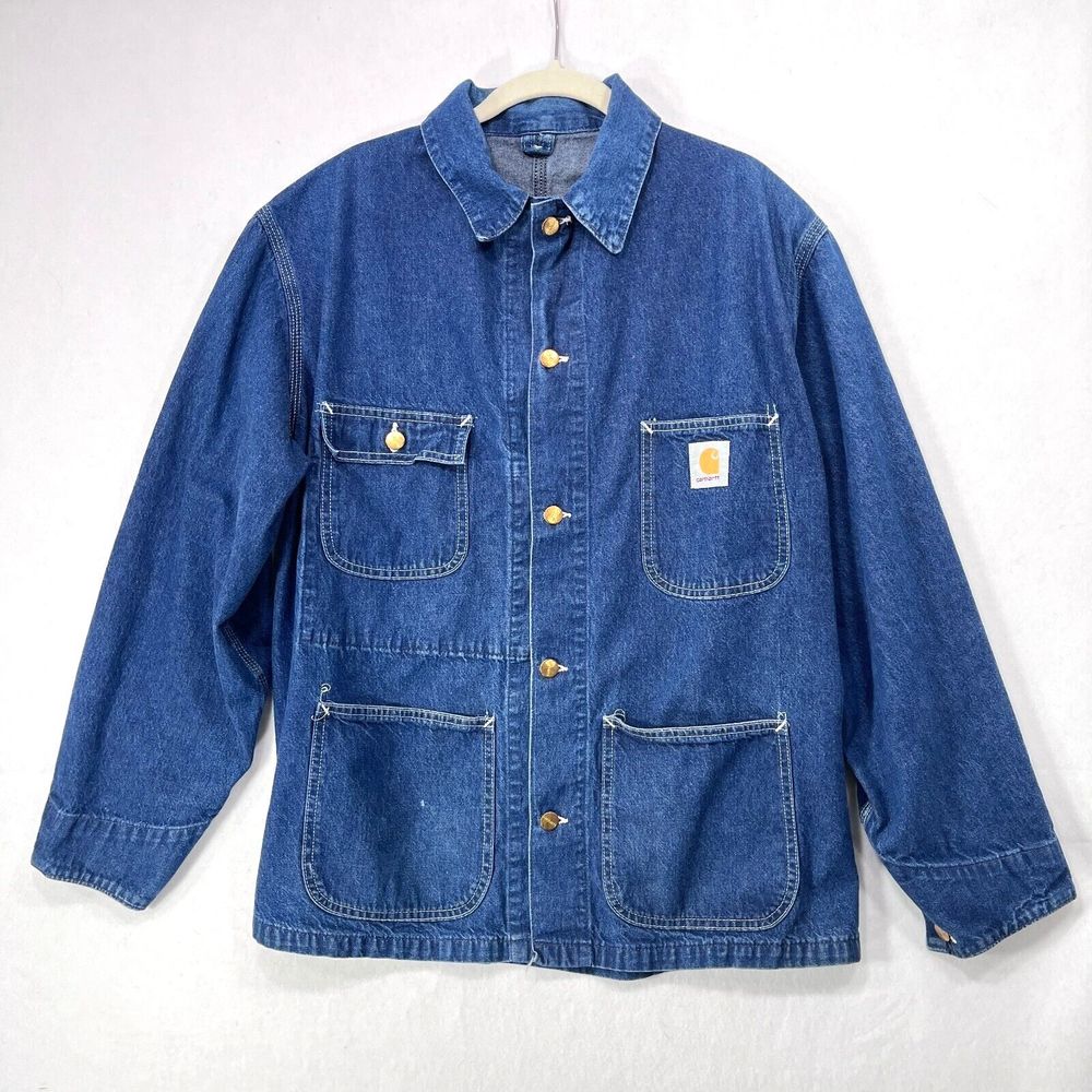 Vintage Carhartt Chore Jacket Men Large / 44" Chest Blue Denim Work Coat Unlined